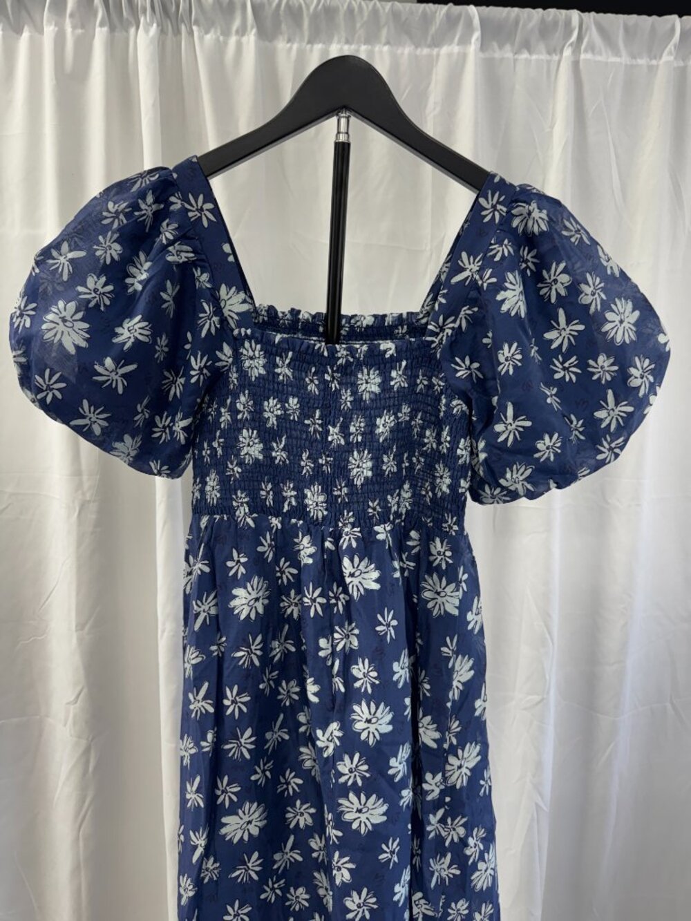 THML Navy White Floral Smocked Puff Sleeve Cottagecore linen blend Midi Dress - Picture 8 of 16
